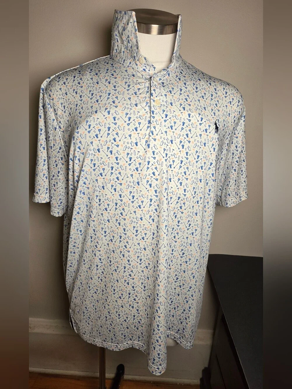 RLX Ralph Lauren White Polo with Blue & Orange Mini Print